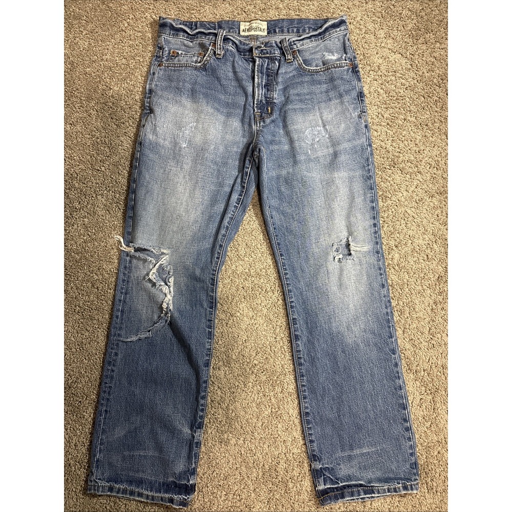 Men's Aeropostale Ripped Denim Blue Jeans Essex‎ Straight Leg Size 31x30